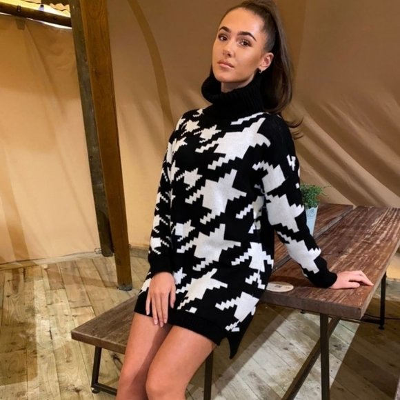 Black Knitted Houndstooth Long Sleeve Turtleneck Oversized Mini Sweater Dress - Picture 8 of 9